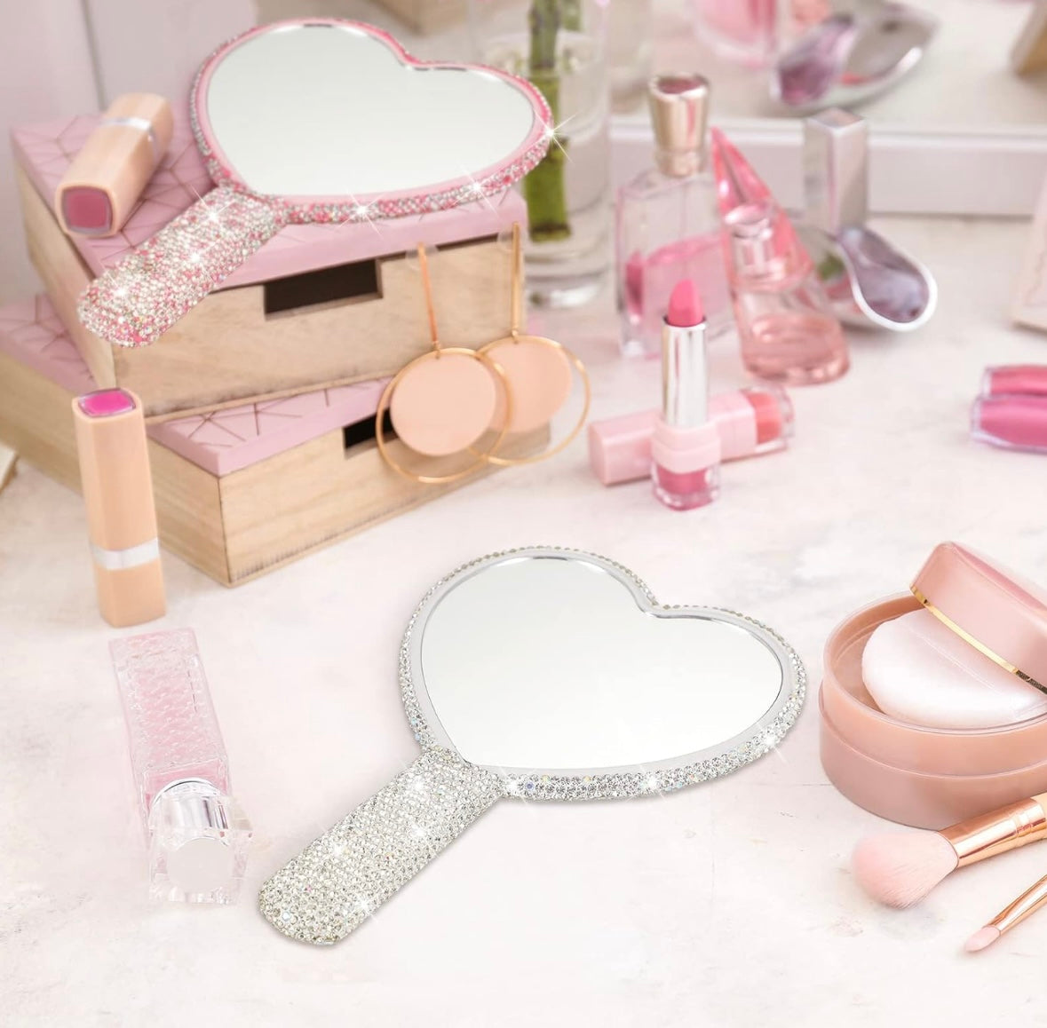 White Rhinestone Heart Mirror